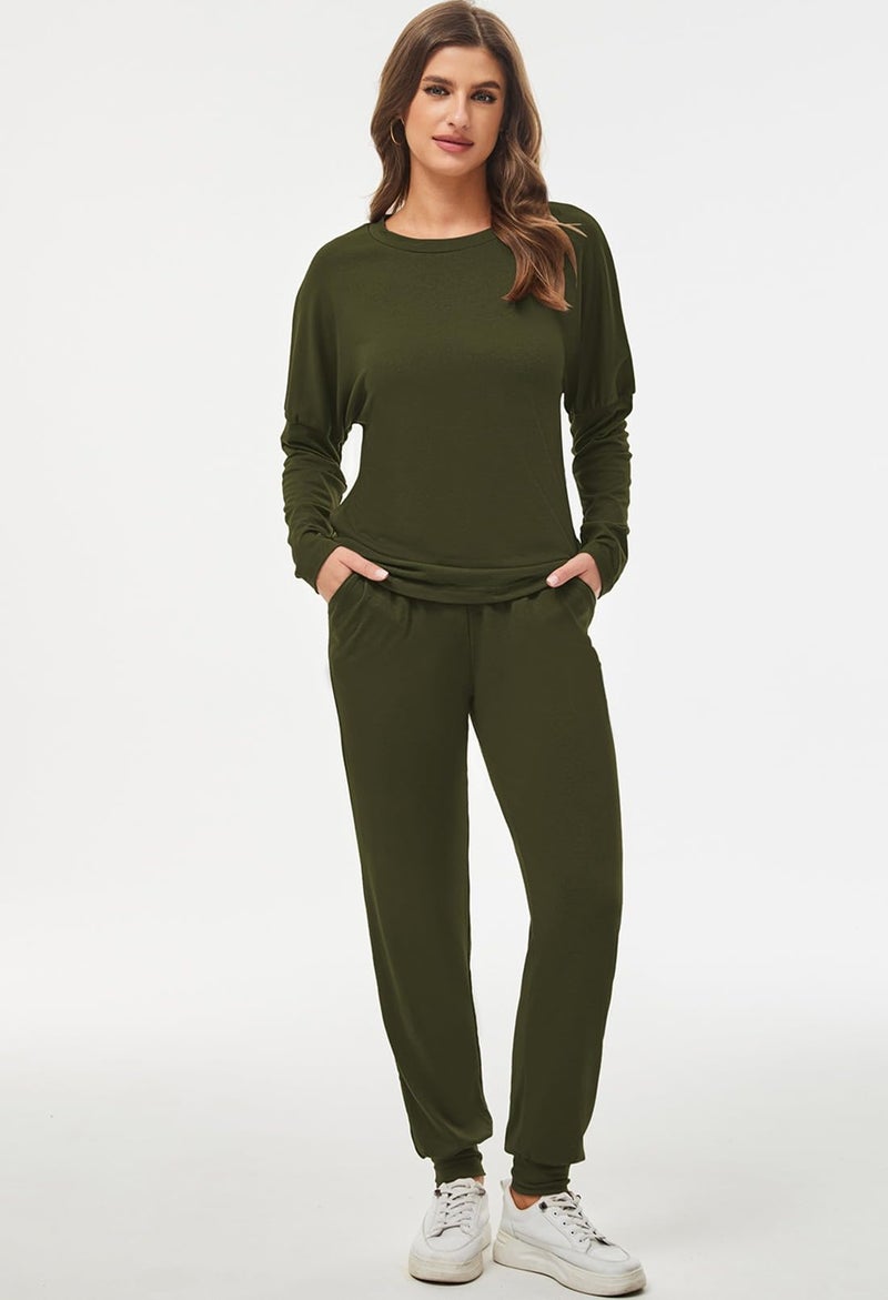 Fixmatti Long Sweatsuits for Women 2 Piece Casual Outfit Pant Set Gym Army Green L - Image 3